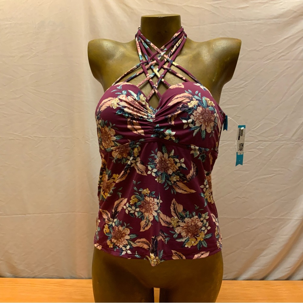 Ambrie Swimwear Floral Lattice Halter Pushup Tankini Top Purple Medium NEW